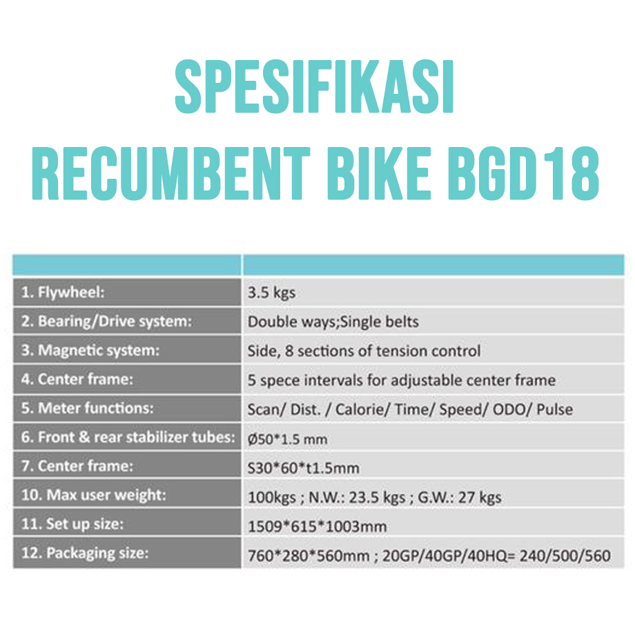 RECUMBENT BIKE BGD18 SPEK 2 - Sewa Alat Fitness Recumbent Bike Body Gym
